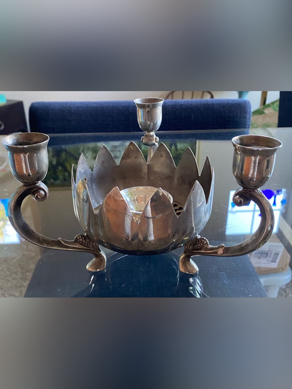 VTG Lotus Petal Bowl Leonard Silverplate 3 Arm Candle Holder Centerpiece